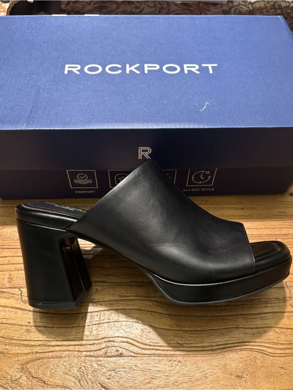 Rockport Black Leather Open-Back Block Heel Mule